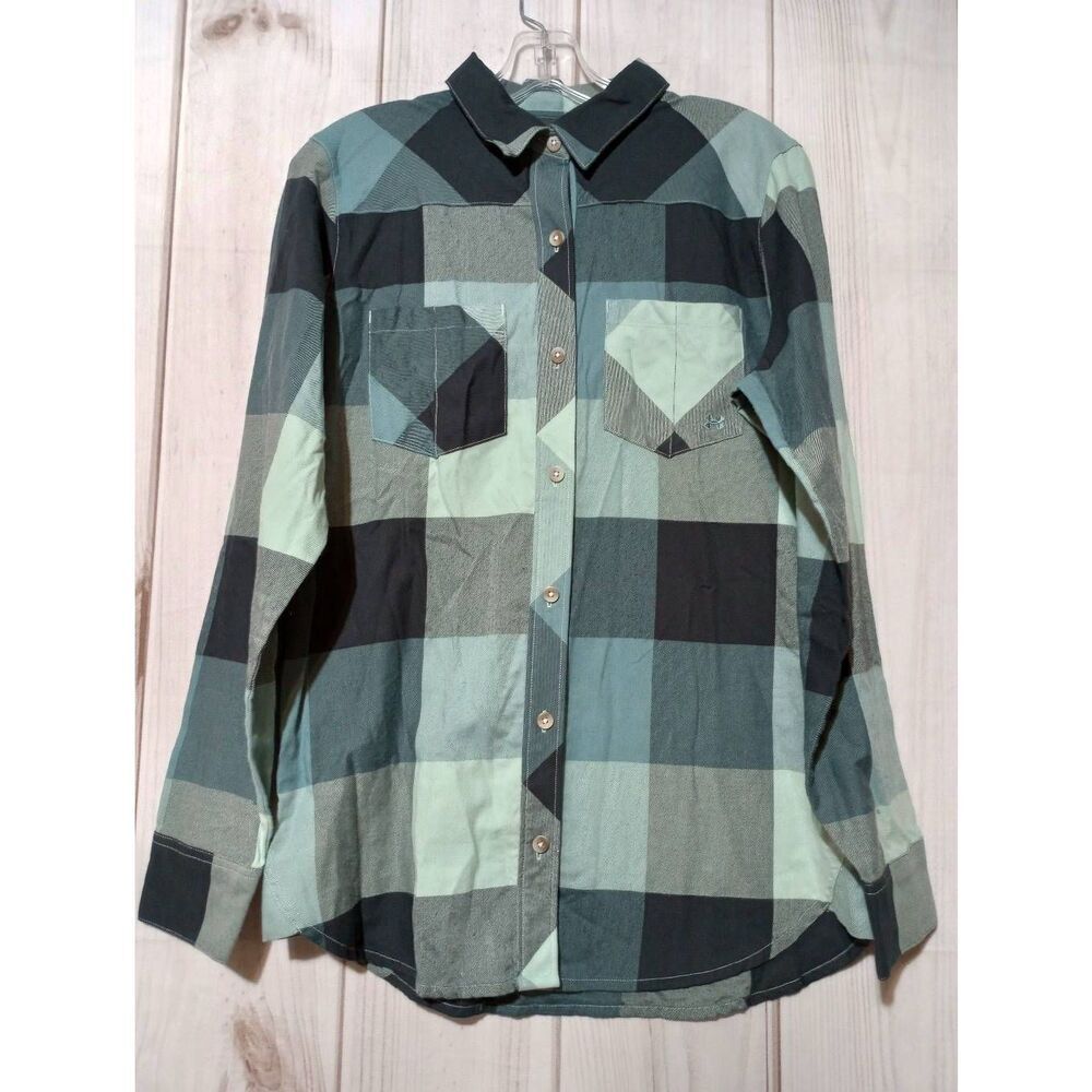 Under Armour Shirt Ladies Medium Teal Plaid Button Front Long Sleeve Flannel Gor